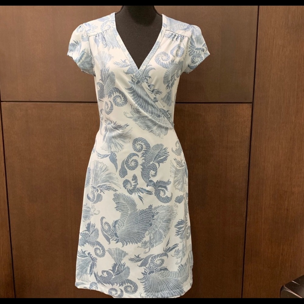 Athleta Wrap Cap Sleeve Dress Blue Print Sz S